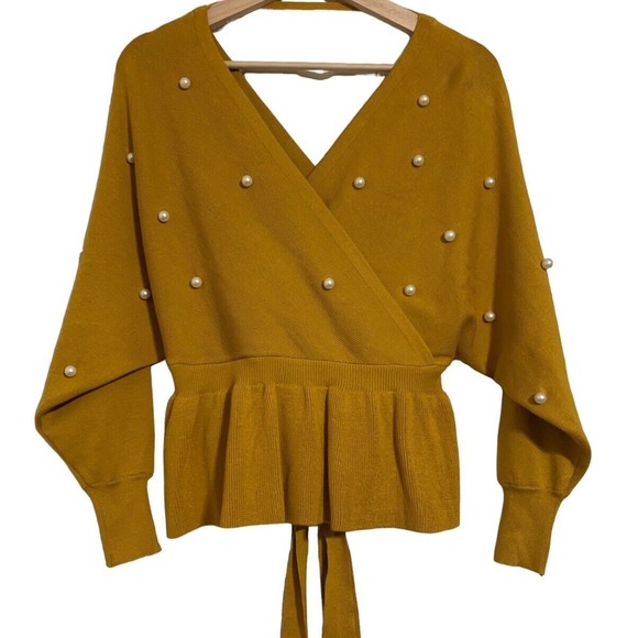 Mustard V-Neck Sweater with Pearl Accents - Picture 2 of 15